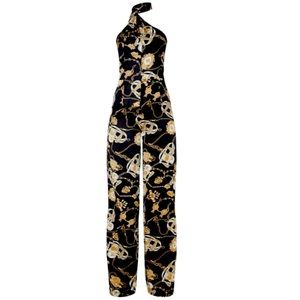 BLACK SCARF PRINT WRAP NECK JUMPSUIT